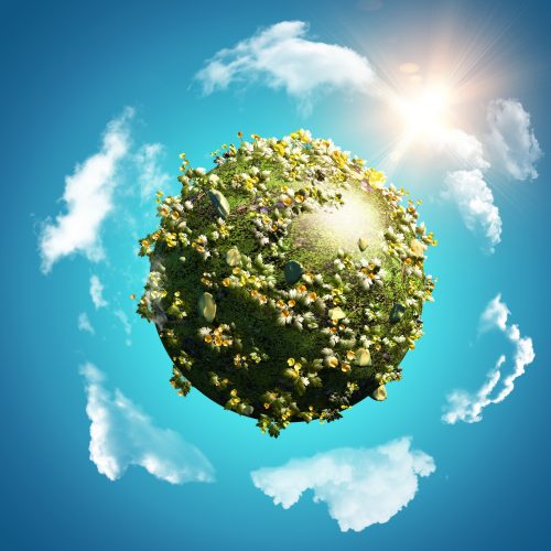 3D render of a background with globe of buttercups and daisies on blue sky with circling clouds